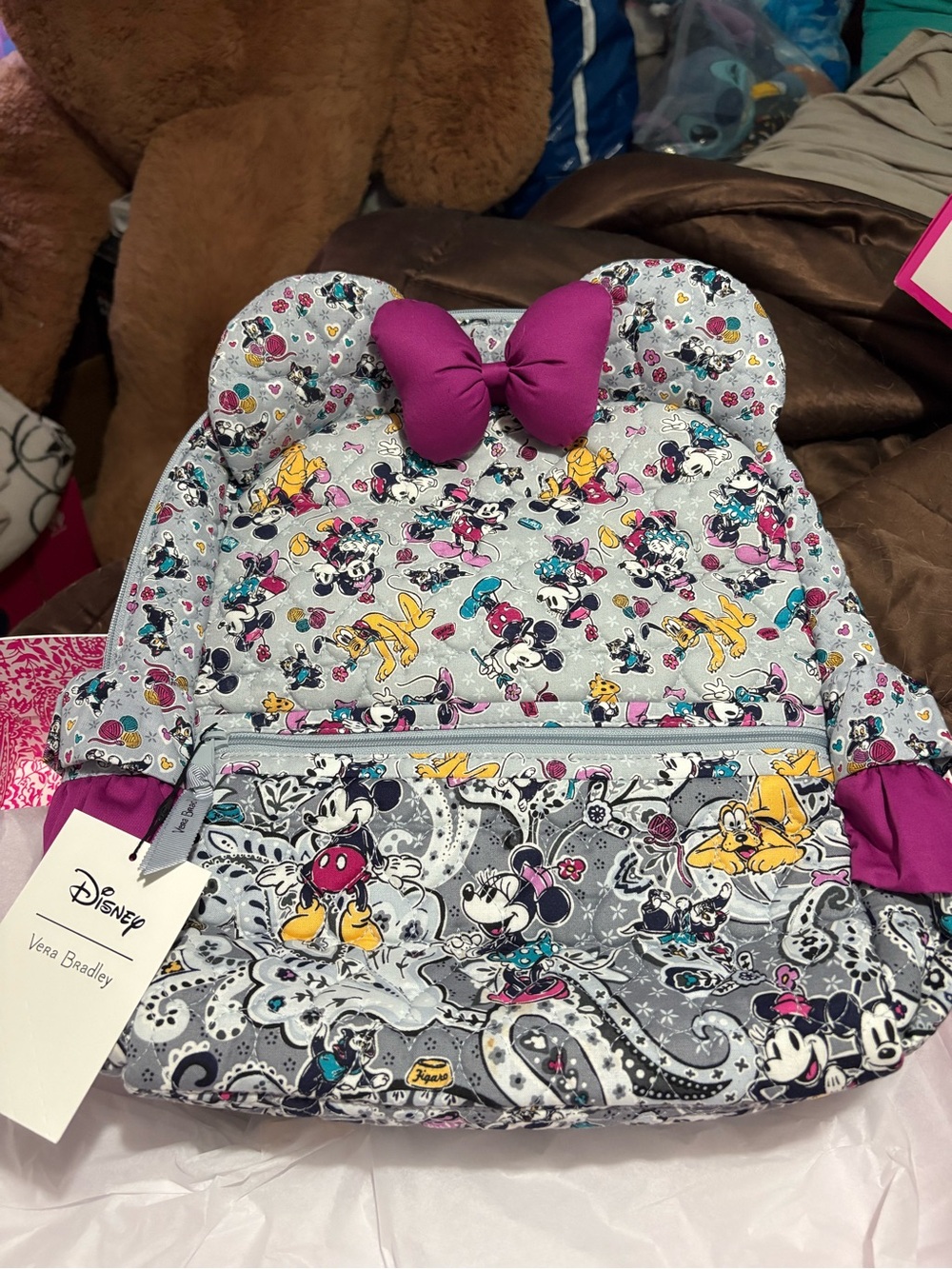 Vera Bradley Disney Minnie Mouse & Friends Gray Backpack with Magenta Bow